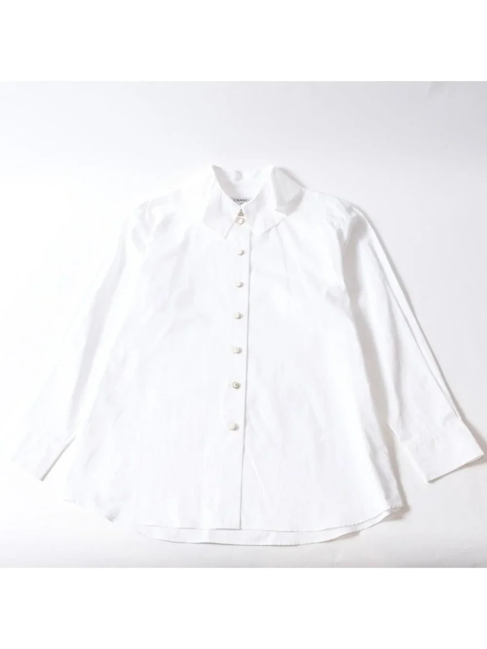 Chanel Long Sleeve Shirt Blouse CC Logo Cotton White Gold
